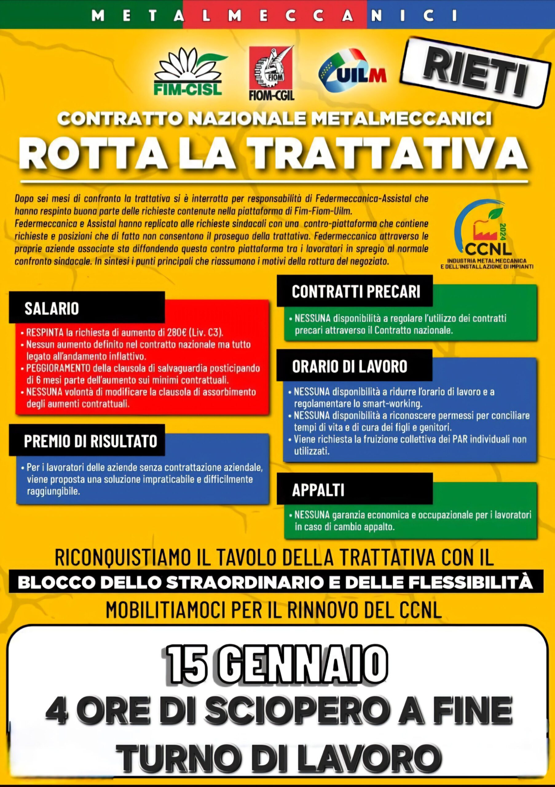 15 gennaio: 4 ore di sciopero a fine turno per il rinnovo del contratto metalmeccanici