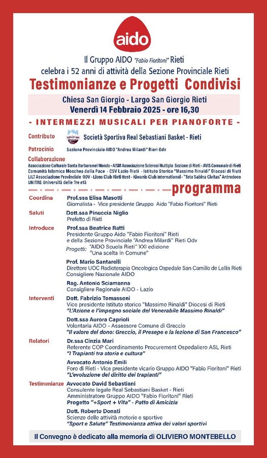 Aido Rieti: 52 anni di impegno e condivisione. Il programma di venerdì 14 febbraio