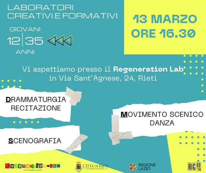 Laboratori creativi e formativi per giovani: appuntamento al Regeneration Lab di Rieti