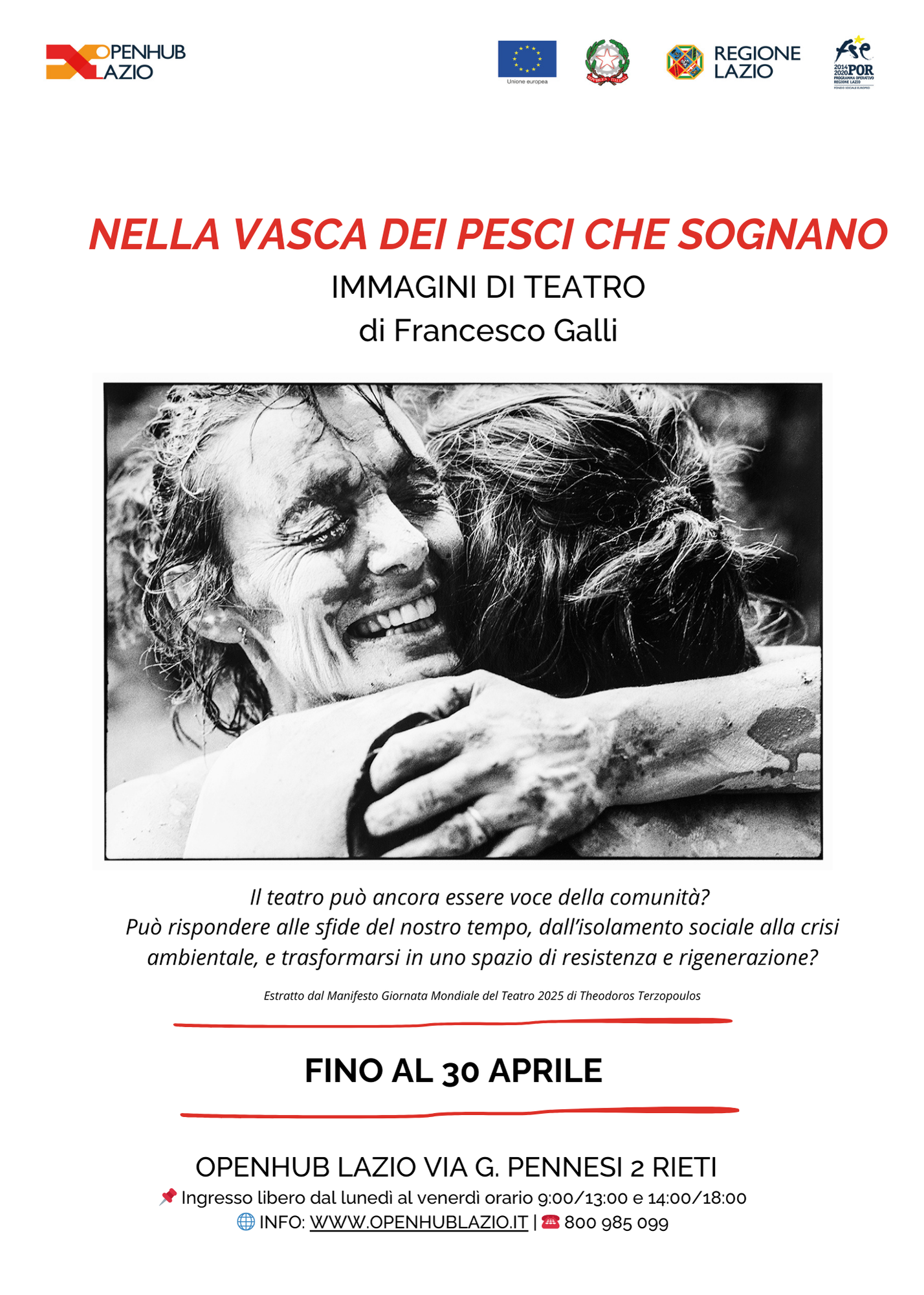 “Nella vasca dei pesci che sognano.Immagini di Teatro”: la mostra fotografica di Francesco Galli a OpenHub Lazio
