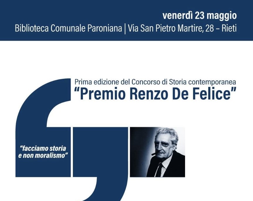 Premio De Felice-Città di Rieti, venerdì 23 maggio la cerimonia di premiazione alla Biblioteca Comunale Paroniana di Rieti