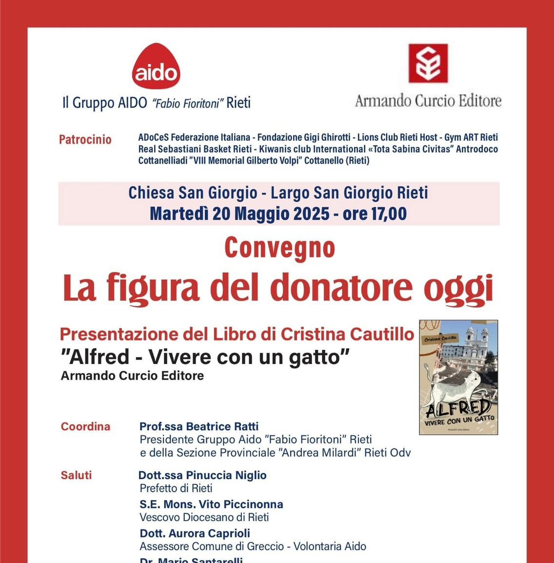 Convegno a Rieti: “La figura del donatore oggi” e presentazione del libro Alfred – Vivere con un gatto