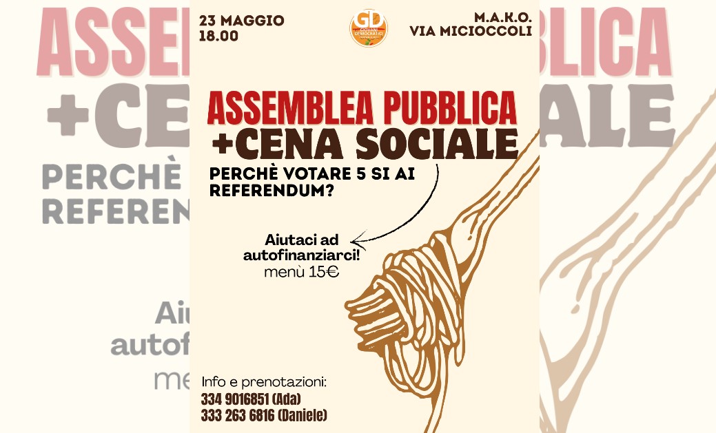 Cena sociale e assemblea pubblica, verso i referendum dell’8 e 9 giugno