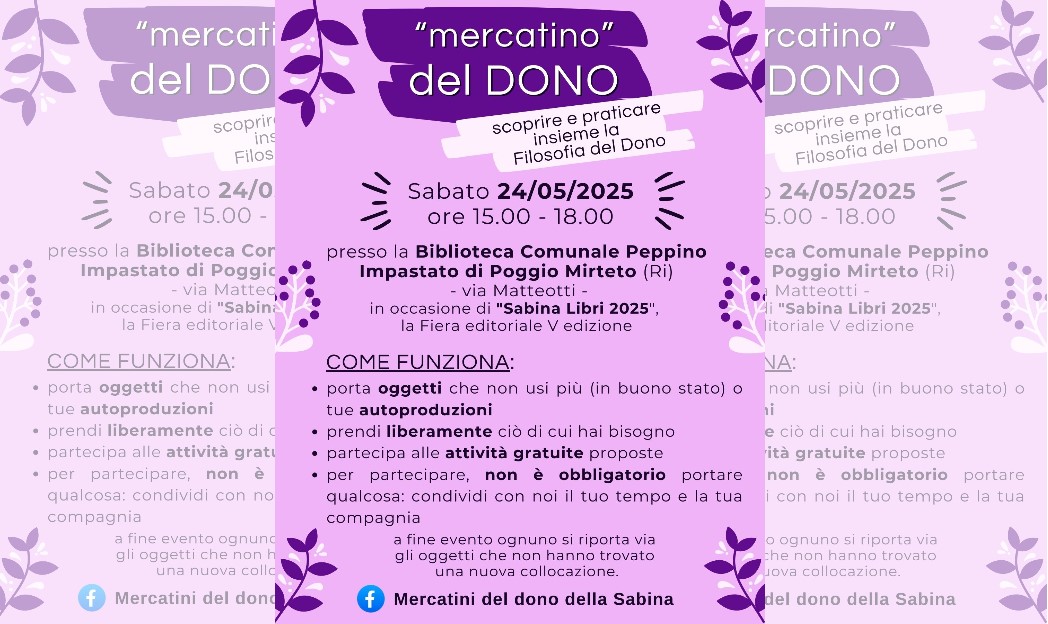 Sabato 24 maggio a Poggio Mirteto il “Mercatino del Dono”