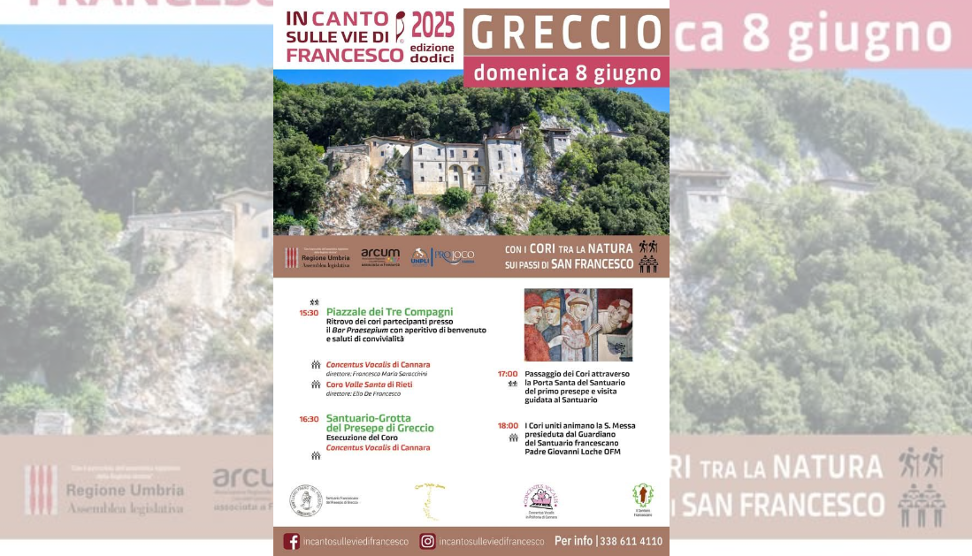 Domenica 8 giugno torna a Greccio “InCanto sulle Vie di Francesco”