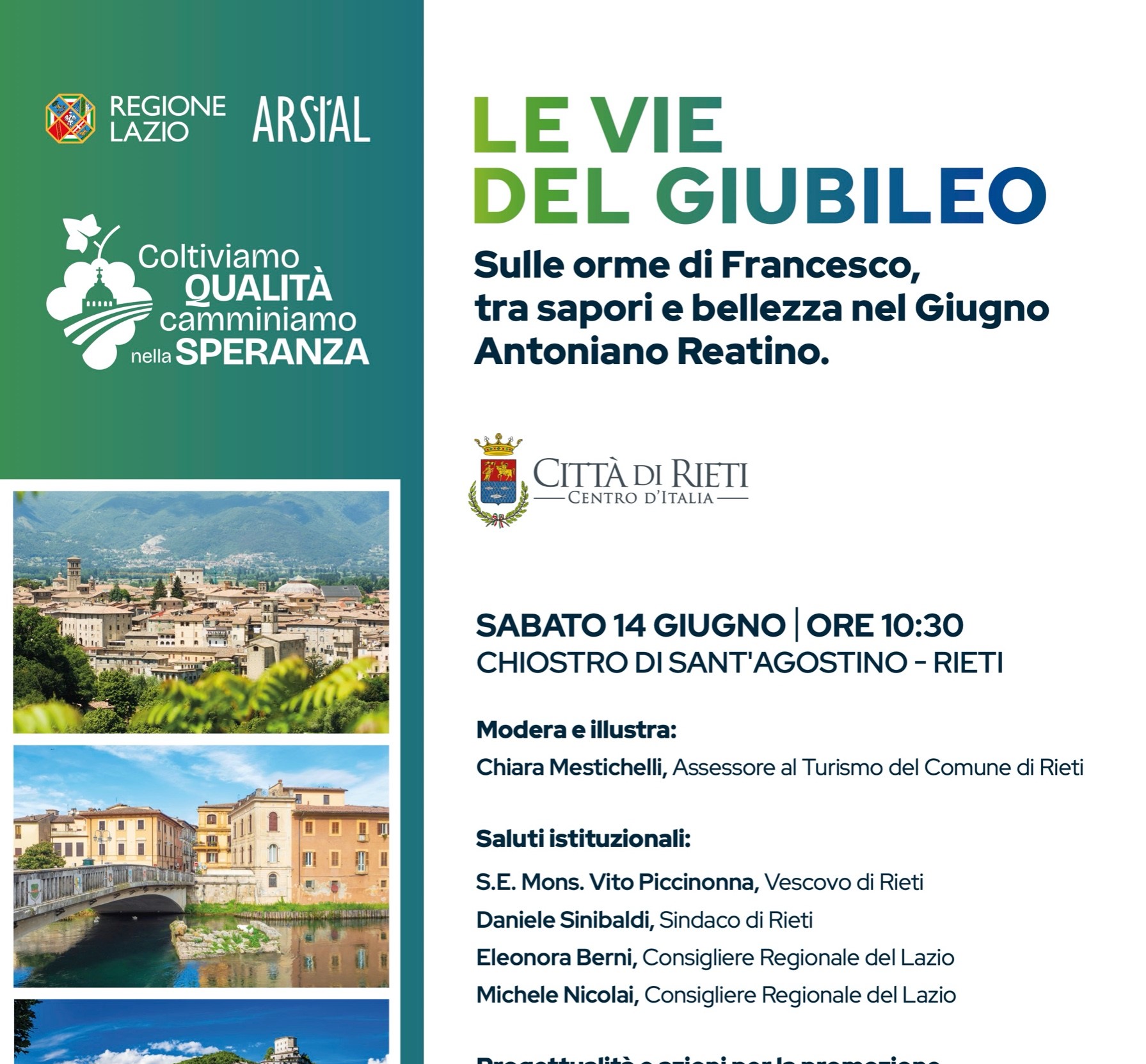 “Le vie del Giubileo” di Regione Lazio, Arsial e Comune di Rieti. Nel programma anche un importante convegno sul turismo