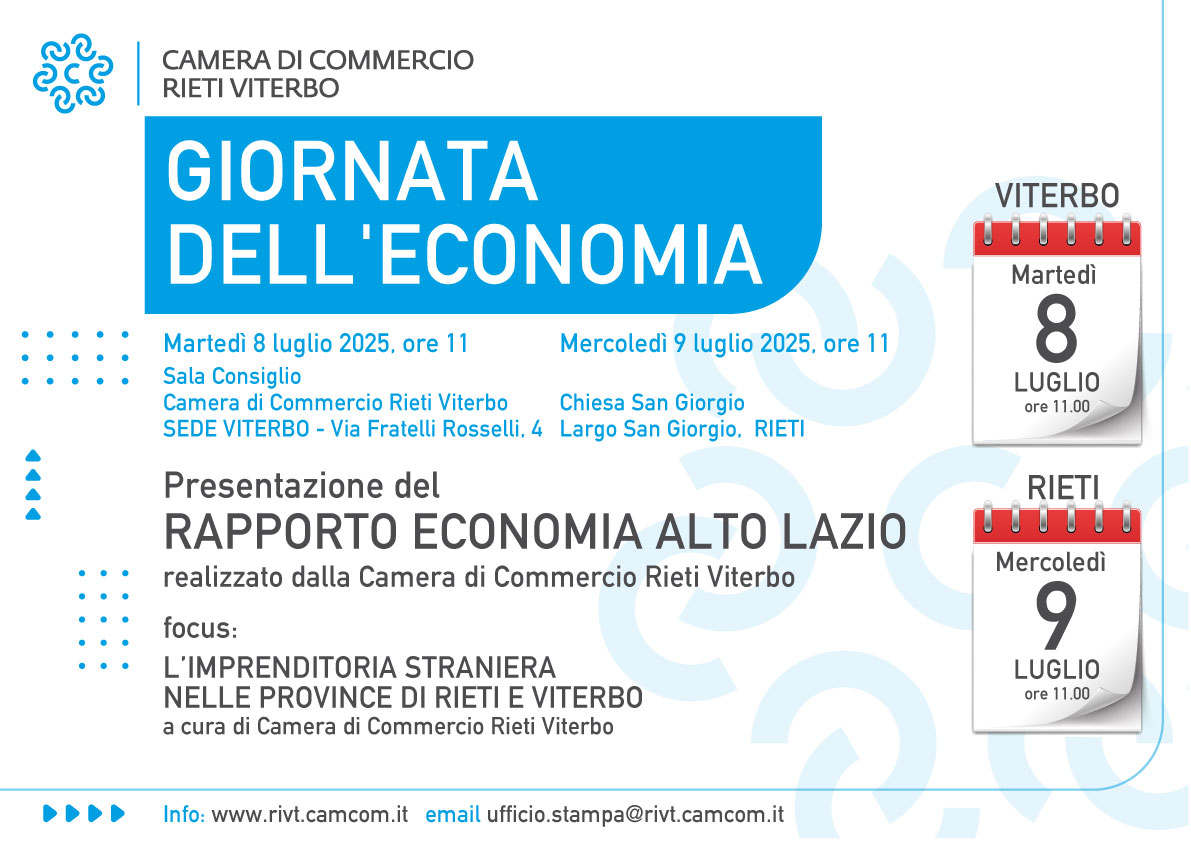 Giornata dell’Economia: l’8 luglio a Viterbo e il 9 luglio a Rieti
