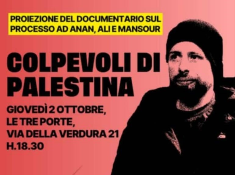 Proiezione del documentario “Colpevoli di Palestina” presso Le Tre Porte