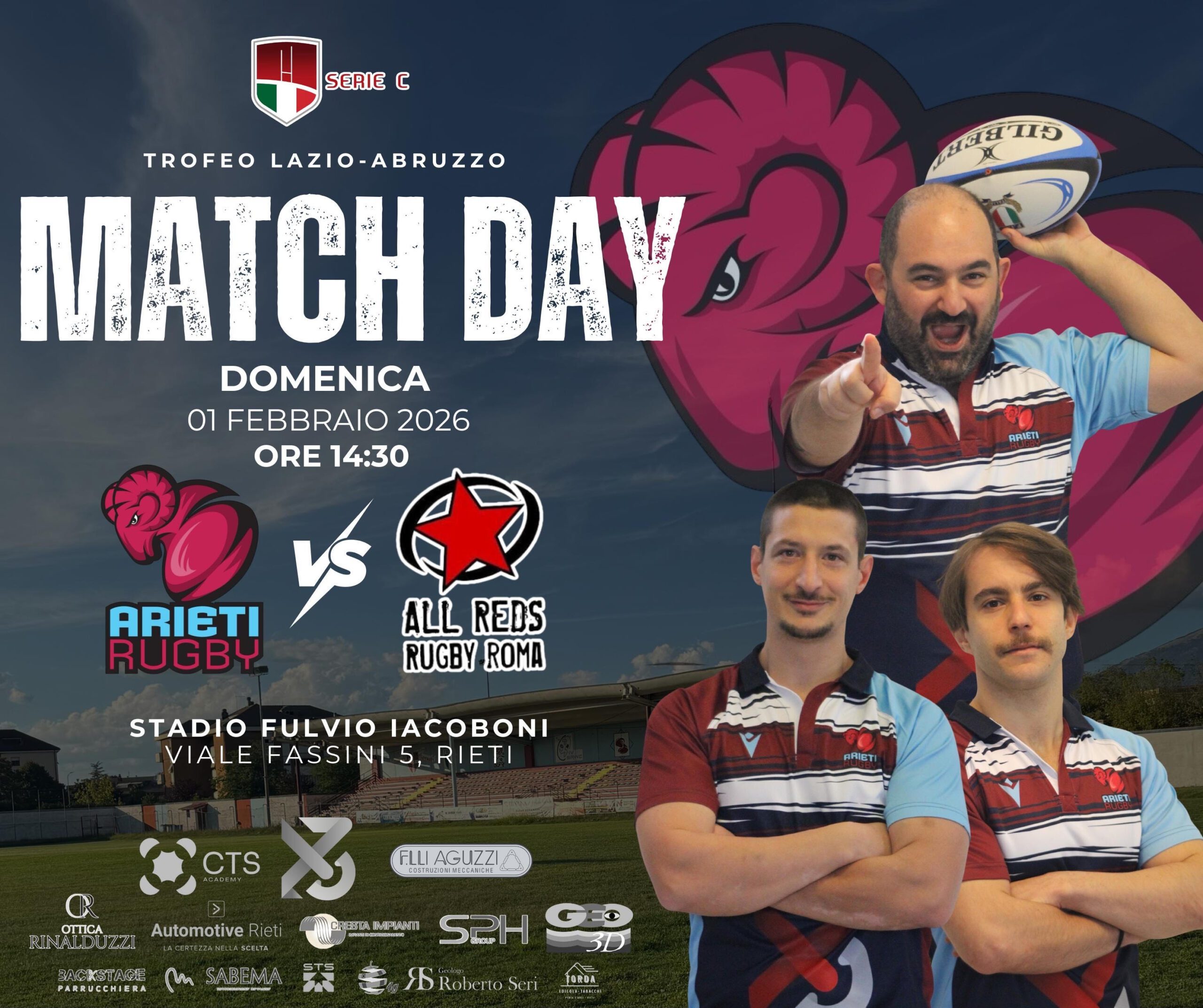 Domenica 1 febbraio allo stadio gli Arieti Rugby Rieti affronteranno gli All Reds