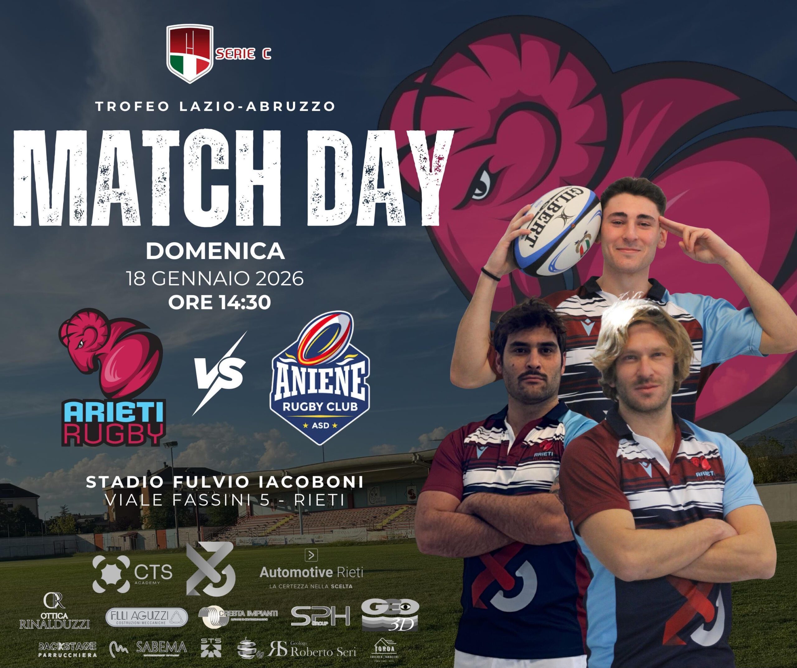 Allo stadio Fulvio Iacoboni, gli Arieti Rugby Rieti affronteranno l’Aniene Rugby
