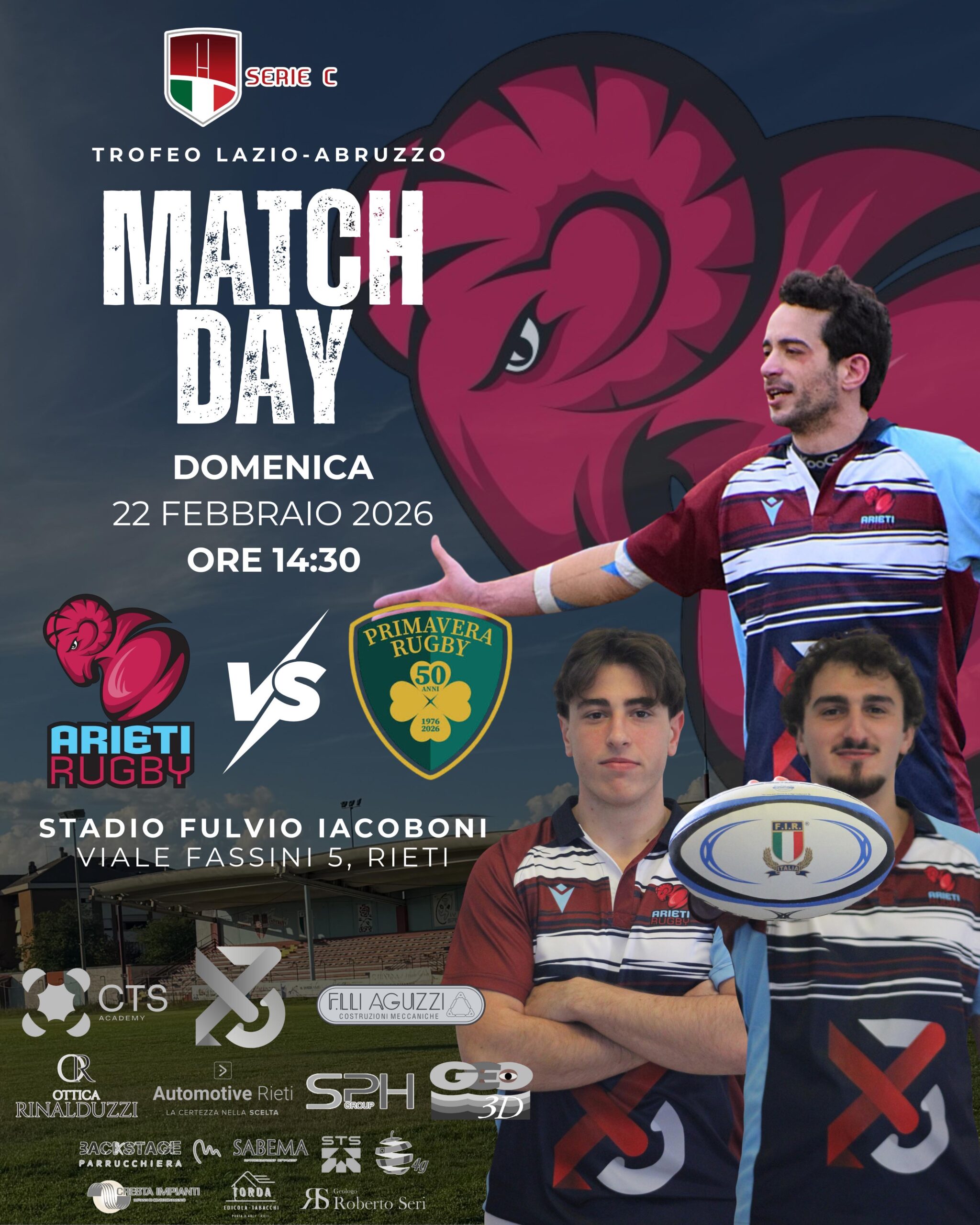  Domenica 22 febbraio gli Arieti Rugby Rieti sfideranno la Primavera nel quinto incontro del Trofeo Lazio–Abruzzo 2026