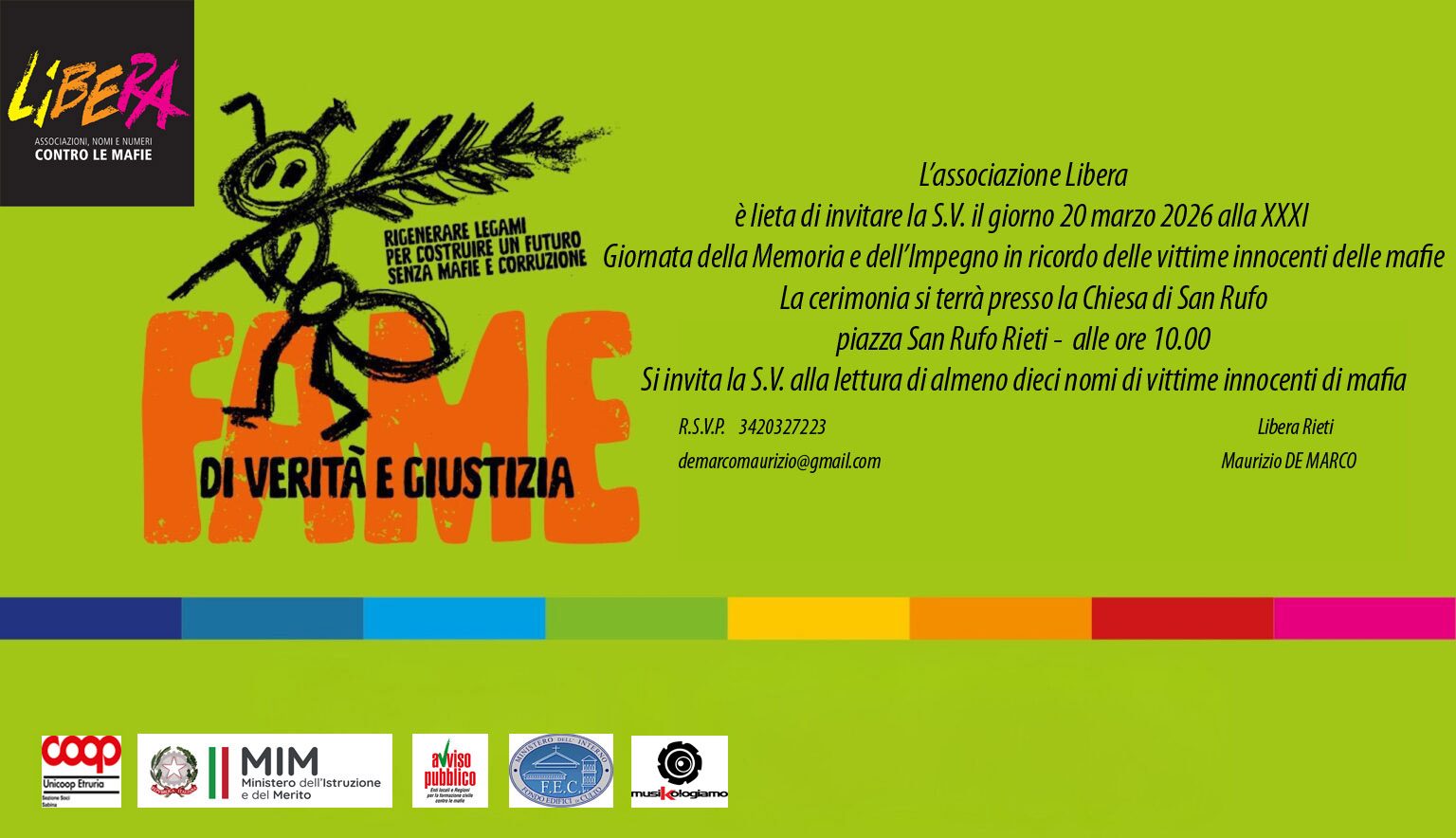 Libera Rieti invita alla XXXI Giornata della Memoria e dell’Impegno in ricordo delle vittime innocenti delle mafie