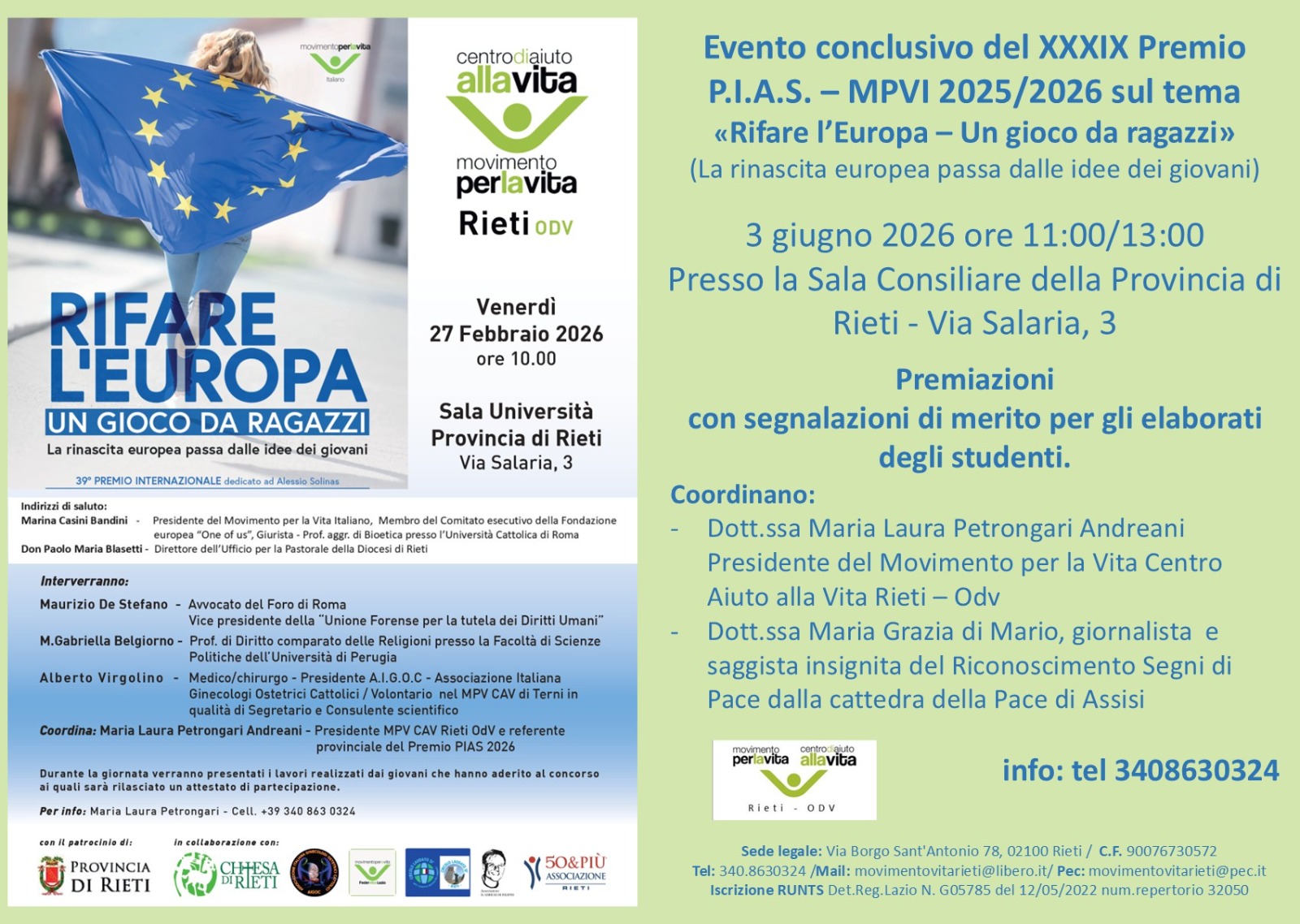 Il 3 giugno evento conclusivo del Premio PIAS 2025/2026 dedicato ai valori dei giovani per l’Europa e al volontario Alessio Solinas