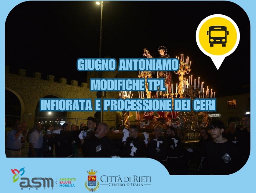 ASM Rieti: modifiche al servizio TPL domenica 28 giugno per Infiorata e Processione dei Ceri