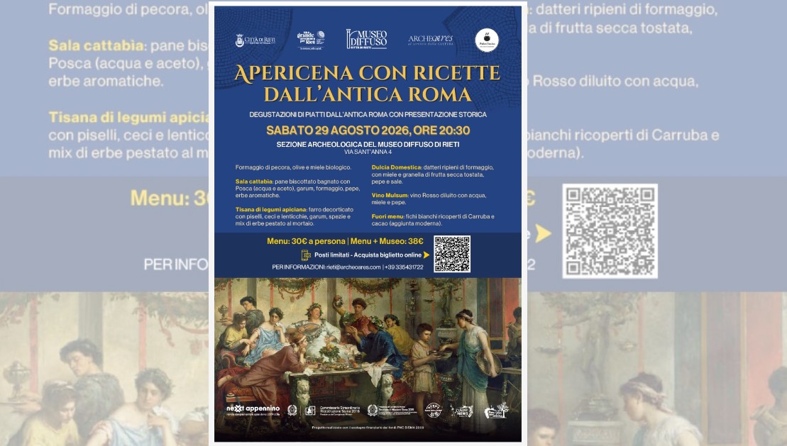 Il 29 agosto “Apericena con ricette dell’Antica Roma”: degustazioni di piatti dell’antica Roma con presentazione storica