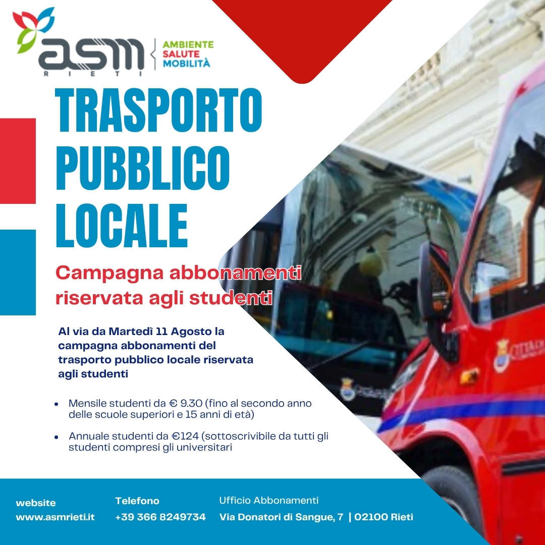 Asm Rieti: al via da martedì 11 agosto la campagna abbonamenti studenti per il trasporto pubblico locale