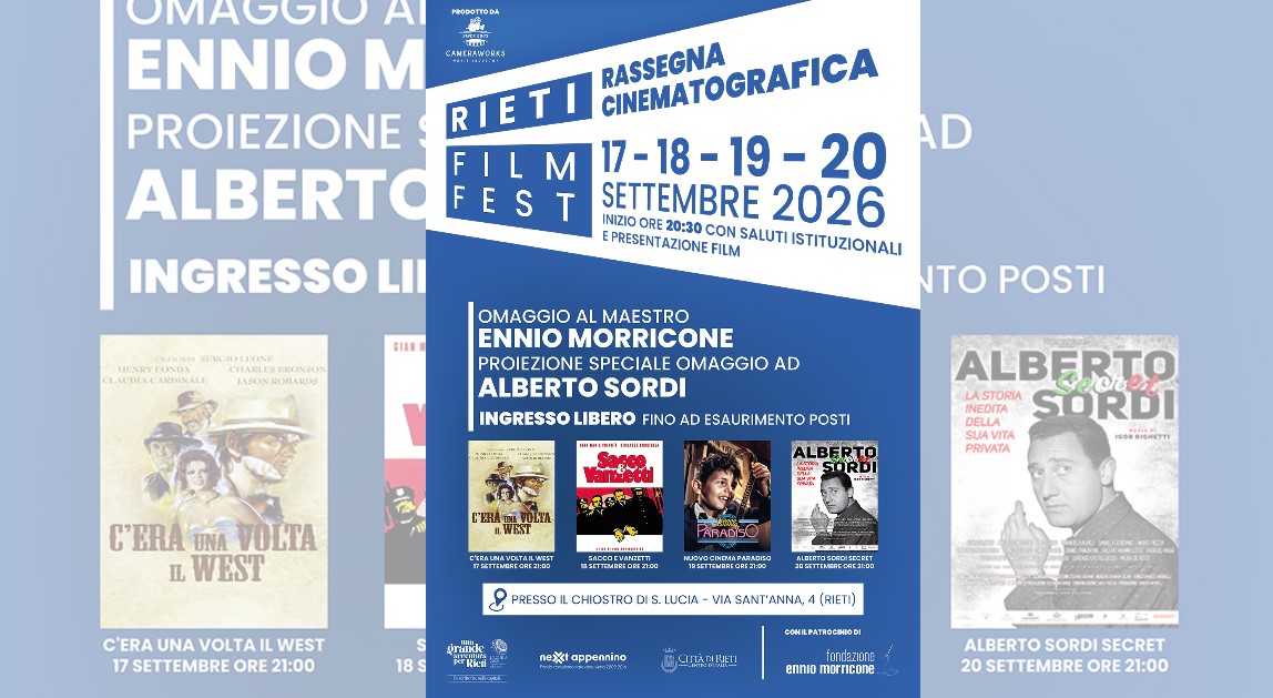 Rieti Film Fest: al via giovedì 17 settembre la rassegna cinematografica nel Chiostro di Santa Lucia con l’omaggio a Ennio Morricone