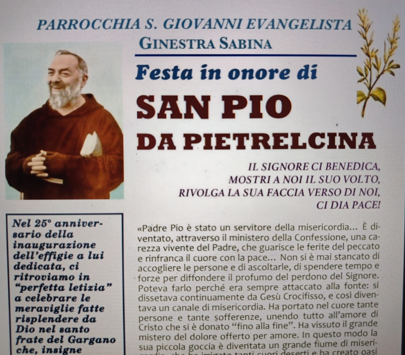 Ginestra Sabina – Celebrazioni per il 25° della cappellina di San Pio
