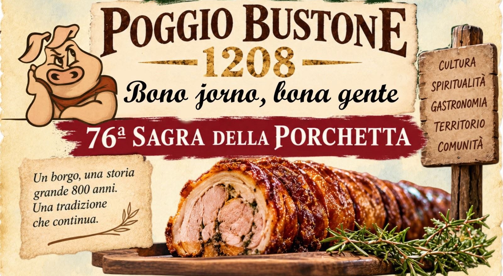 A Poggio Bustone torna la Sagra della Porchetta: tre giorni tra tradizione, gusto e il “Bono Jorno, Bona Gente”