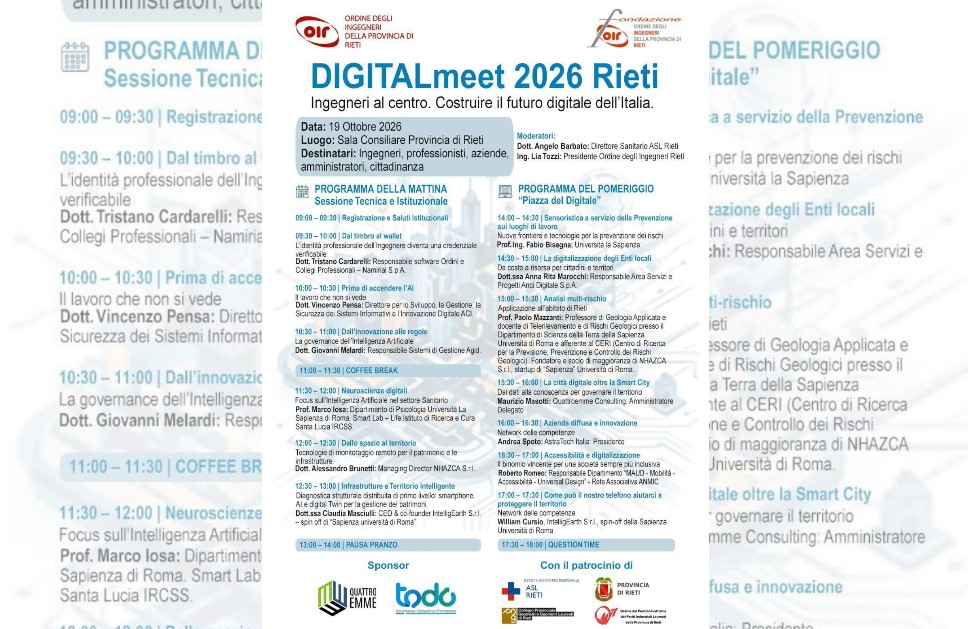 A Rieti il seminario “DIGITALmeet 2026 – Ingegneri al centro, Costruire il futuro digitale dell’Italia”